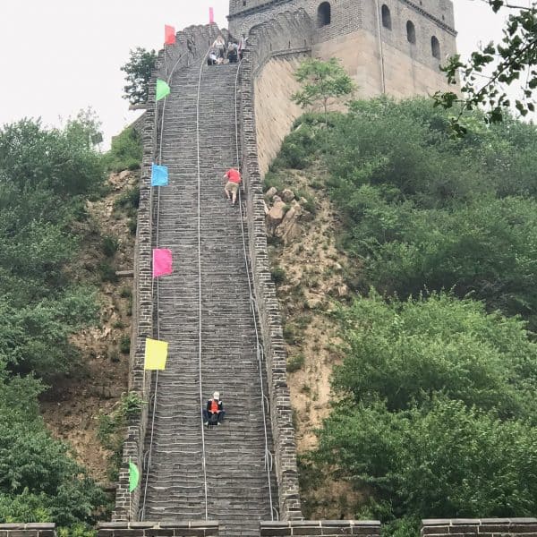 Shiguan Great Wall view with steep stairs up to a restored watchtower