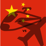 China-Flagge mit Zug- und Flugzeugsymbolen